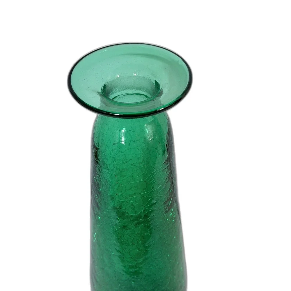 VTG Emerald Green Crackle Glass Tall Mod Large Vase Decanter Decor Art Glass